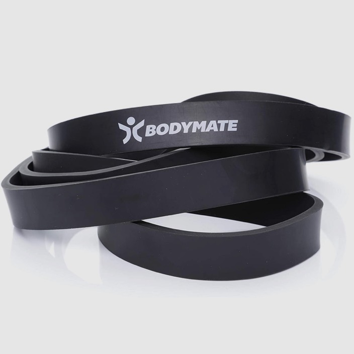 BODYMATE Fitnessband schwarz Logo Produktbild grauer Hintergrund